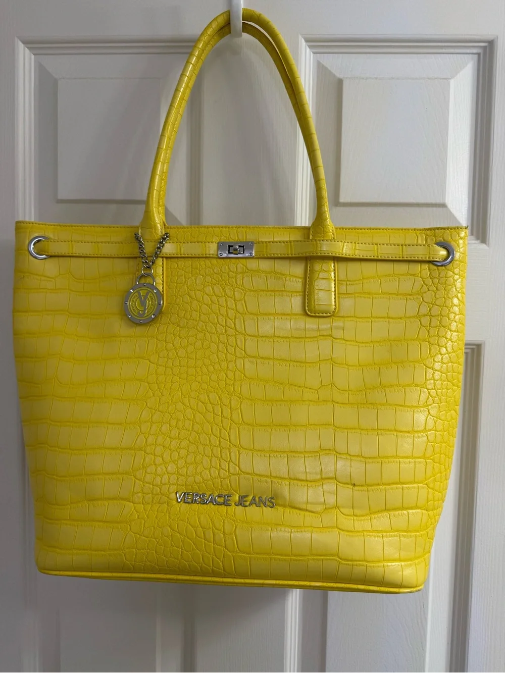 Versace Jeans Collection Yellow Croc-Embossed Tote with Silver Hardware
